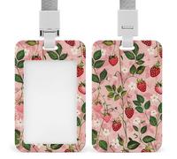 Peach Strawberry Print Badge Holder Vertical Id Card Holder with Lanyard Heavy Duty Name Tag Holders Waterproof Work Badge Holder for Office Cruise Teacher Cute Badge Protector