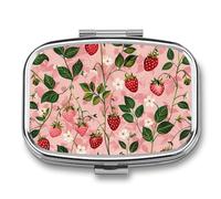 Peach Strawberry Print Pill Box 2 Compartments Portable Travel Pill Case Mini Medicine Organizer for Pocket Purse Metal Waterproof Medicine Container Holder Vitamin Fish Oil