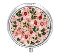 Peach Strawberry Print Travel Pill Box Case 3 Compartment Cute Pill Organizer Metal Pill Holder with Mirror Small Medicine Organizer Daily Pill Container for Purse Pocket Portable Meds Box