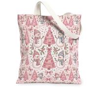 Peach Winter Snow Man Pattern Christmas Canvas Tote Bag 13x15 Inch | Stylized Christmas Trees, Decorative Bows, Mistletoe Sprigs, Soft Pastel Winter Palette, Fanciful Hand-drawn Pattern