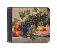 Peaches Grapes Vintage Painting Slim Leather Men's Wallets with 6 Card Holders Minimalist Billfold Travel Purse