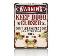 PEACHGARDEN Funny Frog Warning Decor Retro Metal Tin Sign Keep Door Closed Don't Let The Frogs Out No Matter What They Tell You Vintage Tin Sign for Home Office Room Wall Decor Poster 12x16inch