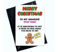 Peachy Antics Merry Christmas Card for Step Mum - Funny Reduced Sign Joke Holiday Greeting - Humorous Xmas Card for Her - Step Mum Christmas Cards - Family Present - SP326