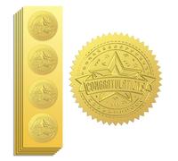 Peacoblue 100Pcs Gold Foil Sticker Seal Embossed 2 Inch Congratulations and Stars, Self Adhesive Gold Around Embossing Medal Sticker for Certificate Paper, Student Reward, Award, Envelope Seal