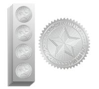 Peacoblue 100Pcs Silver Foil Sticker Seal Embossed Achievements Honors Star 2 Inch for Gift Present Card Decor, Envelop Seals, Family Party Invitation, Silver Around Embossing Stickers