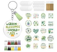 peacoblue 140Pcs Acrylic keychain kit with UV DTF Cold Transfer Stickers, Green Plants Waterproof Round DIY Acrylic Key chain Blanks Set for bag kit women Key Gifts Decor