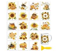 Peacoblue 18 Sheets Rub on Transfers for Crafts,18 Sheets 3.9 x 3.6 Inch Watercolor Decals Transfer Stickers Bees and Sunflowers for DIY Glass Cup