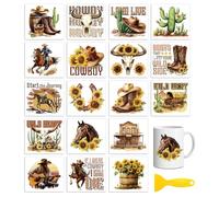 Peacoblue 18 Sheets Rub on Transfers for Crafts,18 Sheets 3.9 x 3.6 Inch Watercolor Decals Transfer Stickers Western Cowboy and Sunflowers for DIY Glass Cup