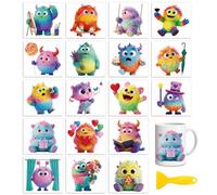 Peacoblue 18 Sheets Rub On Transfers for Crafts, Colorful Monster Beast 3.6"x3.9" UV DTF Cup Wrap Waterproof Cold Transfers Stickers for Wood Glass Cup Tumblers Mirrors Mugs Home Decor