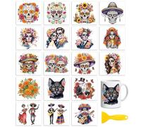 Peacoblue 18 Sheets Rub On Transfers for Crafts, Day of The Dead UV DTF Cup Wrap Waterproof Cold Transfers Stickers for Wood Glass Home Decor 3.6 * 3.9inch