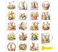 Peacoblue 18 Sheets Rub On Transfers for Crafts, Easter Rabbits with Easter Eggs 3.6"x3.9" UV DTF Cup Wrap Waterproof Cold Transfers Stickers for Wood Glass Cup Tumblers Mirrors Mugs Home Decor