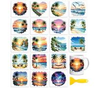 Peacoblue 18 Sheets Rub on Transfers for Crafts, Seaside Summer Scenery 3.6"x3.9" UV DTF Cup Wraps Waterproof Cold Transfers Stickers for Wood Glass Metal Cup Tumblers Mirrors Mugs Home Decor