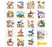 Peacoblue 18 Sheets Rub on Transfers for Crafts, Summer Beach Gnomes 3.6"x3.9" UV DTF Cup Wraps Waterproof Cold Transfers Stickers for Wood Glass Metal Cup Tumblers Mirrors Mugs Home Decor