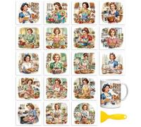 Peacoblue 18 Sheets Rub on Transfers for Crafts, Vintage Housewife Cooking 3.6"x3.9" UV DTF Cup Wraps Waterproof Cold Transfers Stickers for Wood Glass Metal Cup Tumblers Mirrors Mugs Home Decor