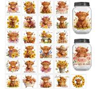 Peacoblue 25Pcs Highland Cattle with Flowers Silhouette Cutouts Stickers for Crafts, Silhouette Stickers Decals for Jars Mason Can Glass Wall Window Lantern Christmas Room Door Office Home DIY Crafts