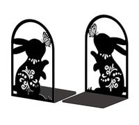 Peacoblue 4.7"x3.5"x7.9" Metal Bookends, Heavy Duty Book Ends for Shelves | Rabbit and Butterfly Theme Cast Iron Book Supports, 1 Pair Decor Stoppers for Desk, Library, Office & Home Shelves