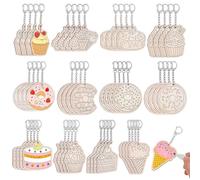 Peacoblue 48Pcs Dessert Theme Wooden Unfinished DIY Coloring Keychains Making Kit，12 Styles Wooden Crafts to Paint for Home Active Party Summer Party Favors Gifts Decorations