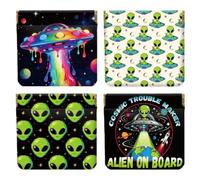 Peacoblue 4Pcs Small Leather Squeeze Coin Purse for Women, Aliens and Spacecraft, 4.33"x4.72"