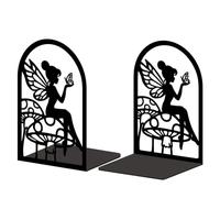 Peacoblue 5.3"x3.5"x7.8" Metal Bookends, Heavy Duty Book Ends for Shelves | Fairy and Mushroom Theme Cast Iron Book Supports, 1 Pair Decor Stoppers for Desk, Library, Office & Home Shelves