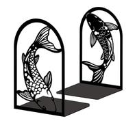 Peacoblue 5.3"x4.3"x7.9" Metal Bookends, Heavy Duty Book Ends for Shelves | Black and White Koi Fish Theme Cast Iron Book Supports, 1 Pair Decor Stoppers for Desk, Library, Office & Home Shelves