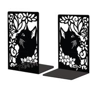 Peacoblue 5.3"x4.3"x7.9" Metal Bookends, Heavy Duty Book Ends for Shelves | Cat and Butterfly Theme Cast Iron Book Supports, 1 Pair Decor Stoppers for Desk, Library, Office & Home Shelves