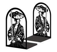 Peacoblue 5.3"x4.3"x7.9" Metal Bookends, Heavy Duty Book Ends for Shelves | Female Samurai with Tachi Theme Cast Iron Book Supports, 1 Pair Decor Stoppers for Desk, Library, Office & Home Shelves
