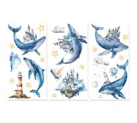 Peacoblue Blue Rub on Transfers for Crafts 3Pcs Dreamy Whale and Castle 15cmx30cm, UV DTF Waterproof Furniture Transfer for Chest of Drawer Dresser Glass Porcelain Wood Plastic