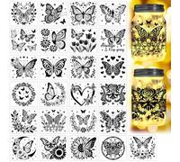 Peacoblue Butterfly and Flowers Silhouette Cutouts for Jars Mason Can Glass, Wishing Bottle Decor, 25Pcs Durable Silhouette for Lantern DIY Craft Kit Jar Decals Church Christmas Home Garden Decor