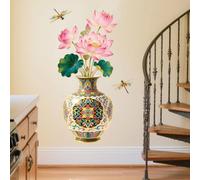 Peacoblue Chinese Style Large Vase and Lotus Wall Stickers Decals Decor Removable Peel and Stick, 2 Sheets 30x96cm Vinyl 3D Wall Murals for Bedroom Living Sewing Room Bathroom Classroom