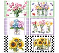 Peacoblue Floral Placemats Set of 6 Vase Floral,Tulips, hydrangeas, sunflowers,12"x17" Waterproof Washable Table Place Mats for Indoor Outdoor Farmhouse Party Kitchen Dining Table Decoration