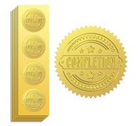 Peacoblue Gold Foil Sticker Seal Embossed Completion and Stars 5cm 100Pcs, Self Adhesive Gold Around Embossing Medal Sticker for Certificate Paper, Student Reward, Award, Envelope Seal