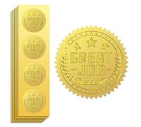 Peacoblue Gold Foil Sticker Seal Embossed Great Job and Stars 5cm 100Pcs, Self Adhesive Gold Around Embossing Medal Sticker for Certificate Paper, Student Reward, Award, Envelope Seal