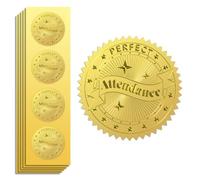 Peacoblue Gold Foil Stickers Seals Official Embossed Perfect Attendance 2Inch 100Pcs, Self Adhesive Gold Around Embossing Medal Sticker for Certificate Paper Awards Envelope and Encouragement to Staff