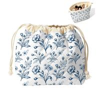 Peacoblue Ink Flowers and Leaves Quilted Drawstring Makeup Bags, Large Capacity Cosmetic Pouch with Canvas Lining 6.7"x6.7"x4"Cute Travel Quilted Tote Bag for Brushes Toiletry Women Daily Organization