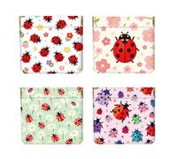 Peacoblue Ladybugs and Flowers Coin Purse,PU Leather Squeeze Pouch 4PCS