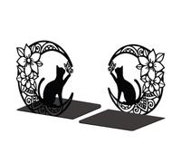 Peacoblue Metal Bookend Stopper Holder Stand for Shelves Decorative, 13.5x11x13.5 Modern Creative Heavy Duty Study Book End for Desk Shelf, 1 Pair (Moon with Cat and Flower)