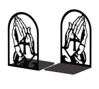 Peacoblue Metal Bookend Stopper Holder Stand for Shelves Decorative, 13.5x11x17 Modern Creative Heavy Duty Study Book End for Desk Shelf, 1 Pair (Praying Hands and Cross)
