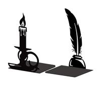 Peacoblue Metal Bookend Stopper Holder Stand for Shelves Decorative, 5.3"x4.3"x7.9" Modern Creative Heavy Duty Study Book End for Desk Shelf, 1 Pair (Quill Pen and Candlestick)