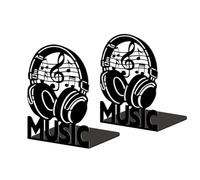 Peacoblue Metal Bookends for Shelves, Headphones with Music Notes Modern Decorative Heavy Duty Study Book Ends Stoppers for Office Desk Shelf Room 5.3"x4.3"x7.9" Cast Iron Simple Tall Bookends 1 Pair