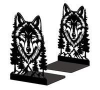 Peacoblue Metal Bookends for Shelves, Modern Decorative Heavy Duty Study Book Ends Stoppers for Office, Desk, Shelf, Room 5.3"x4.3"x7.9" Cast Iron Simple Tall Bookends 1 Pair (Wolf Head with Pines)