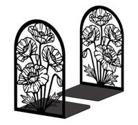 Peacoblue Metal Bookends for Shelves, Modern Decorative Heavy Duty Study Book Ends Stoppers for Office, Desk, Shelf, Room 5.3"x4.3"x7.9" Cast Iron Simple Tall Bookends 1 Pair (Poppies)