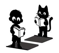 Peacoblue Metal Bookends for Shelves, Modern Decorative Heavy Duty Study Book Ends Stoppers for Office Desk Shelf, Room 5.3"x4.3"x7.6" Cast Iron Tall Bookends 1 Pair (Boy with Cat and Book)