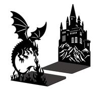Peacoblue Metal Bookends for Shelves, Modern Decorative Heavy Duty Study Book Ends Stoppers for Office Desk Shelf Room 5.3"x4.3"x7.9" Cast Iron Bookends 1 Pair (Fire Breathing Dragon Castle)