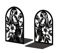 Peacoblue Metal Bookends for Shelves, Modern Decorative Heavy Duty Study Book Support Stoppers for Office, Desk, Shelf, Room 5.3"x4.3"x7.9" Cast Iron Simple Tall Bookends, 1 Pair (Parrot with flowers)
