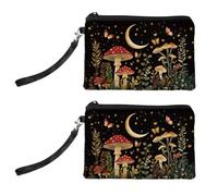 Peacoblue Original Designs Coin Purse for Women Girls 2 Packs Change Purse with Zipper, Black and Red, Mushroom and Starry Sky