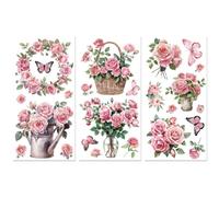 Peacoblue Pink Rub on Transfers for Crafts 3Pcs Pink Roses 15cmx30cm, UV DTF Waterproof Washing Machine Japanese Furniture Transfer for Chest of Drawer Dresser Glass Porcelain Wood Plastic