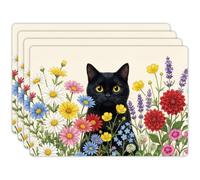 Peacoblue Placemats Set of 4,Faux Leather Cat in the Flowers Design