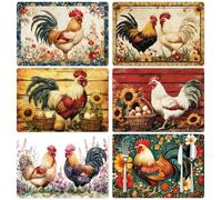 Peacoblue Placemats Set of 6 Vintage Rooster,12"x17" Waterproof Washable Table Place Mats for Indoor Outdoor Farmhouse Party Kitchen Dining Table Decoration