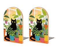 Peacoblue Potted Plant and Cat Wooden Bookends, Book Ends for Shelves