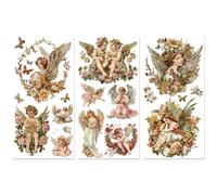 Peacoblue Rub on Transfer Decal for Furniture Crafts Decor 15x30cm, 3Pcs Vintage Flower Angels with Wings Waterproof UV DTF Sticker for Dresser Lingerie Chests Drawer Glass Porcelain Wood